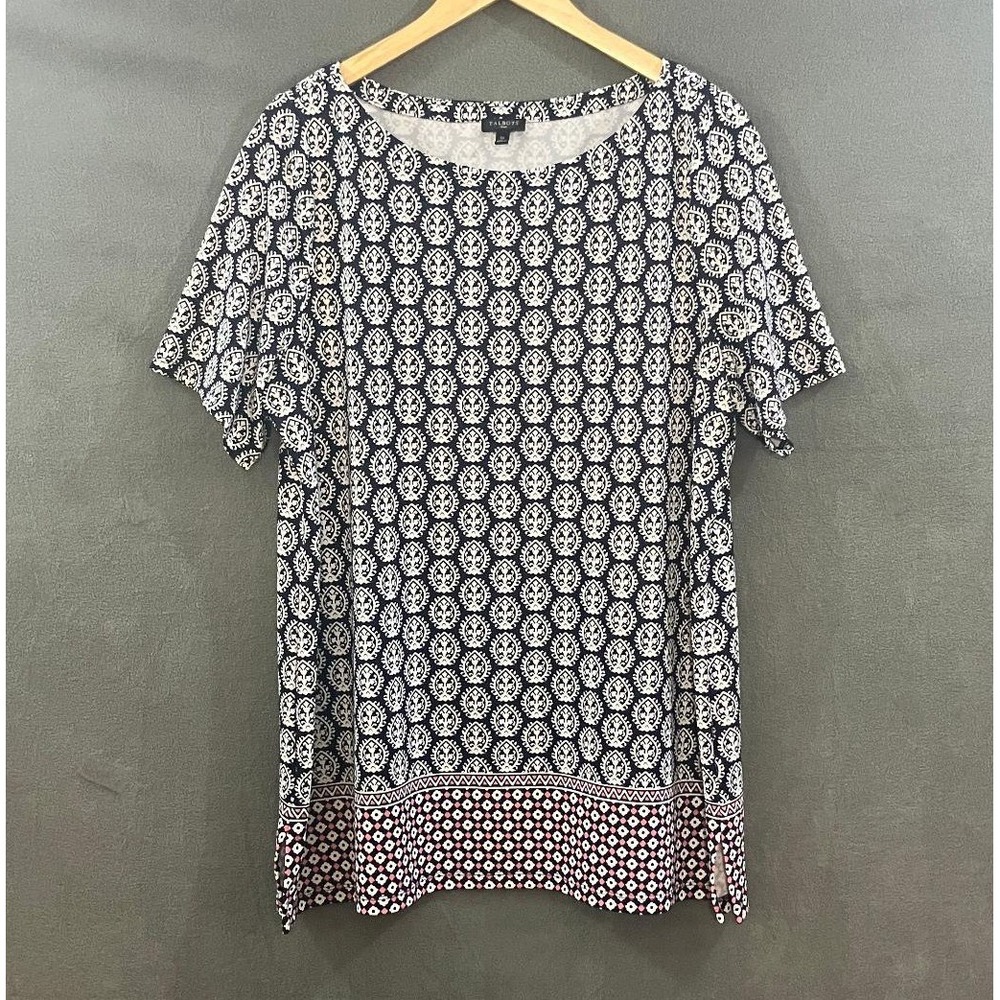 Talbots Plus Medallion Print Short Sleeve Top Navy White Geometric Border 1X